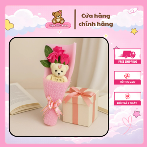 Bó hoa Mini bông hồng sáp kèm gấu teddy "I Love You" - Tiệm gấu Choco